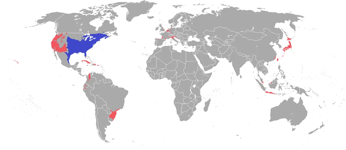 Map showing native and introduced American bullfrog range worldwide