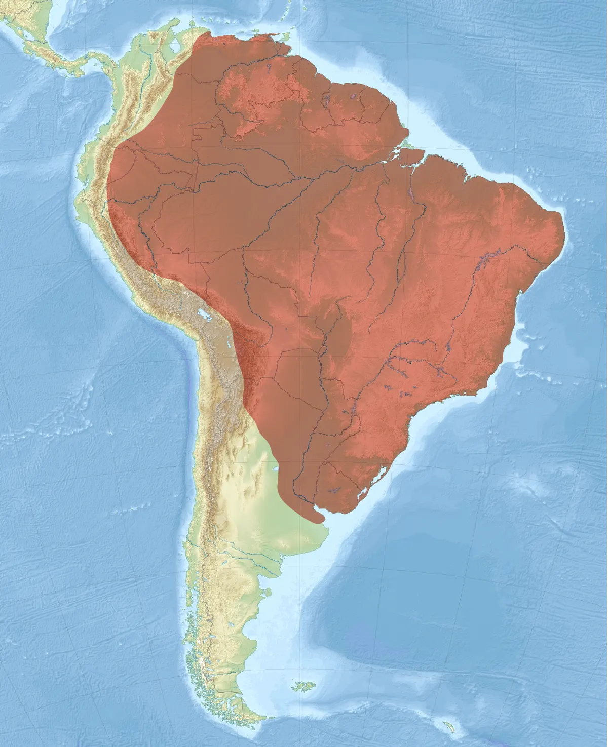 Map of the capybara's native distribution in South America