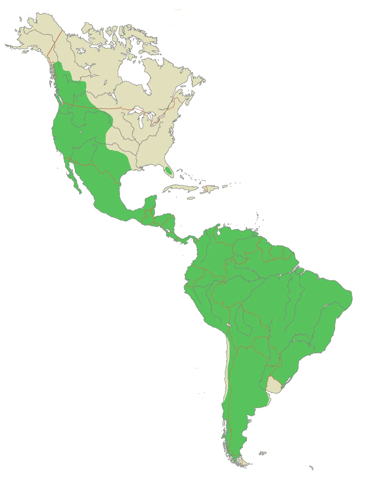 Map highlighting puma distribution across North and South America