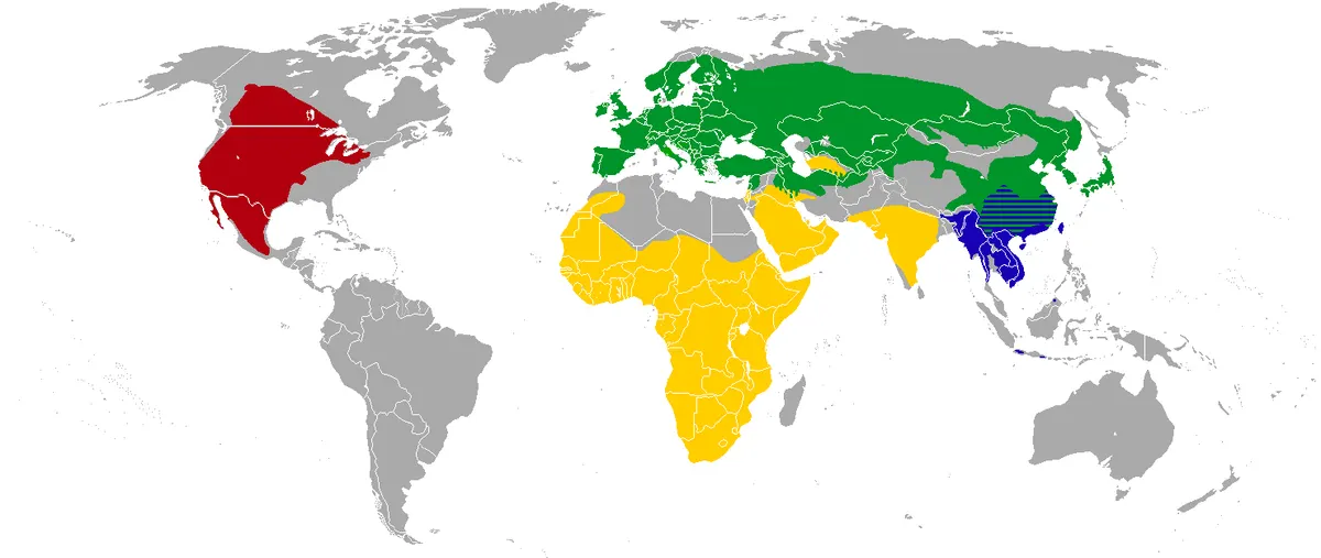World map highlighting honey badger genus range in gold