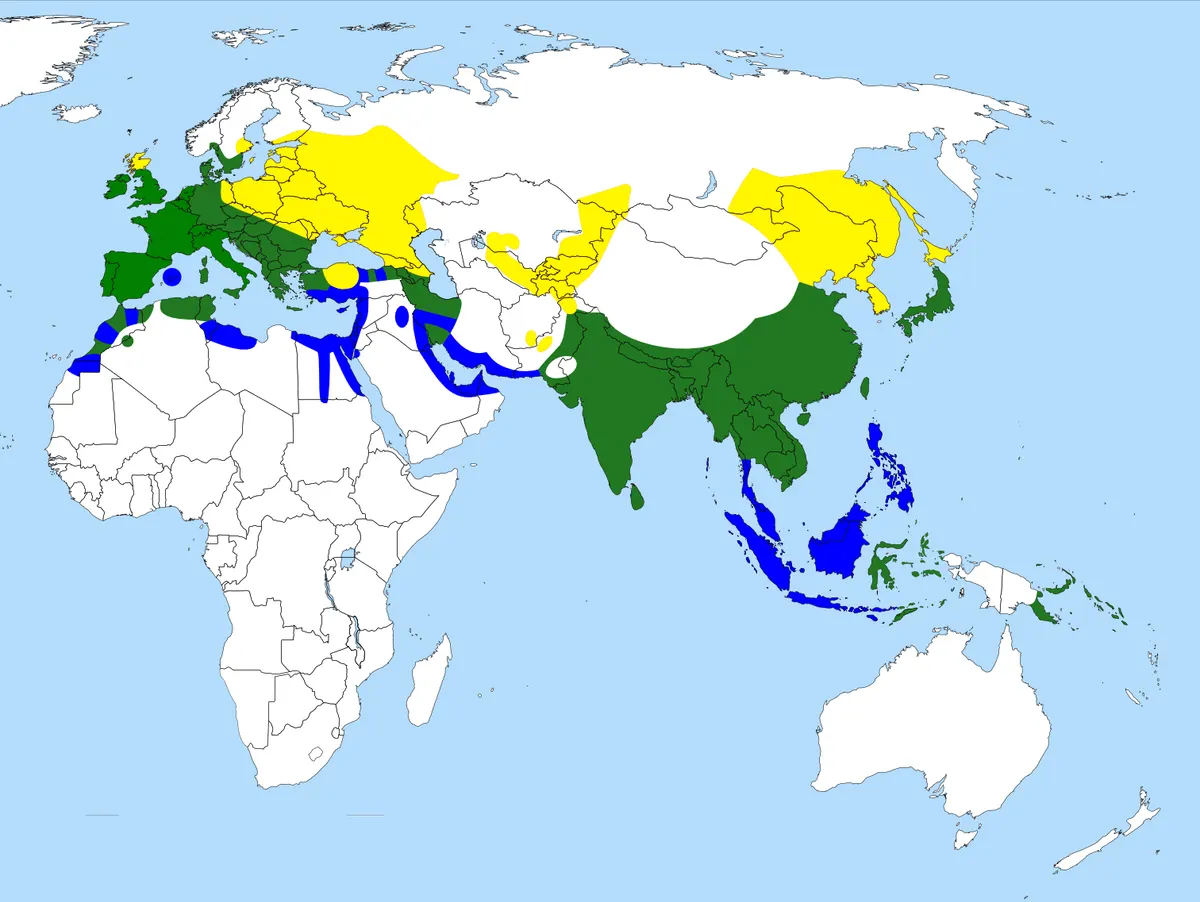 Map showing the breeding, resident, and winter range of the common kingfisher